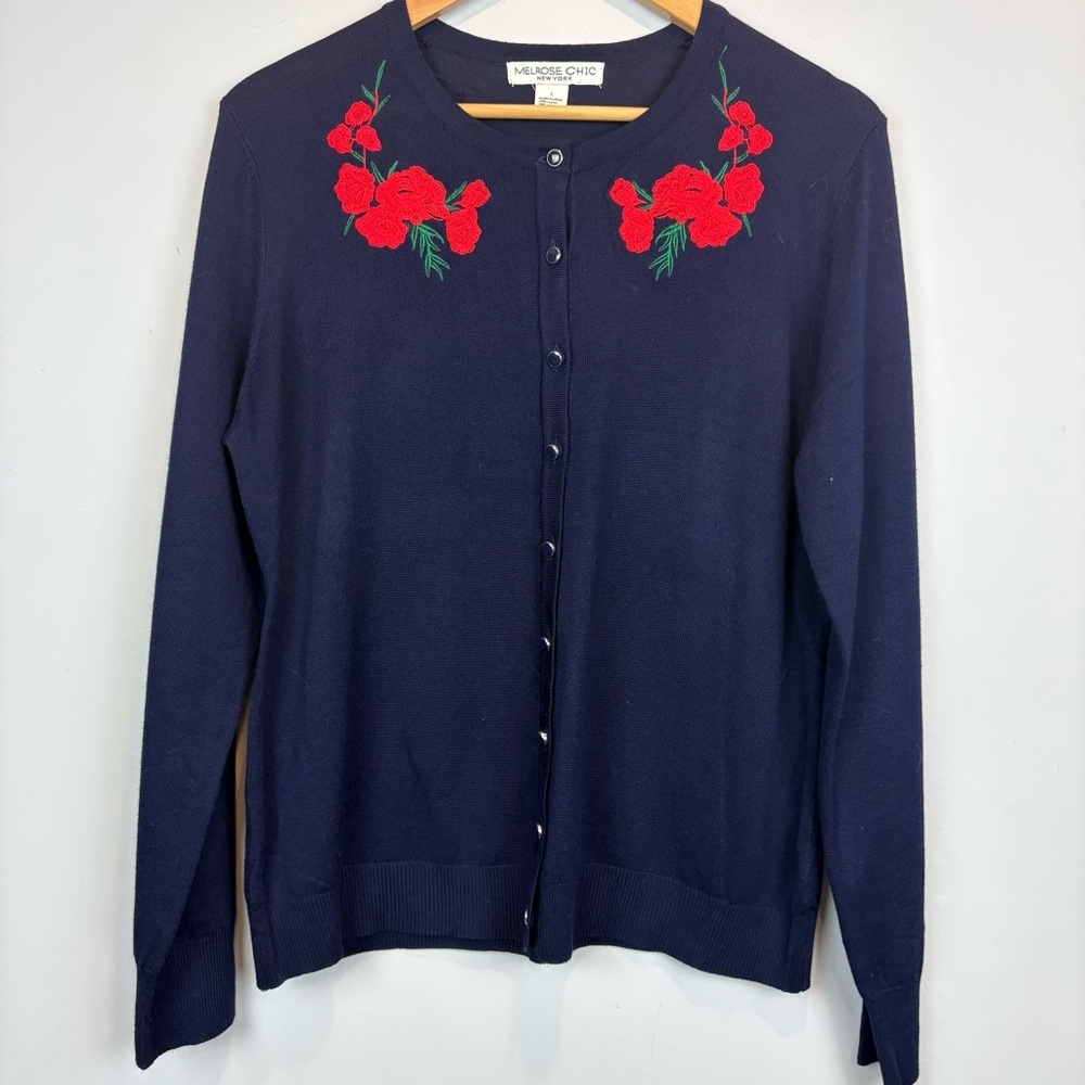 Embroidered Navy Cardigan with Red Floral Design